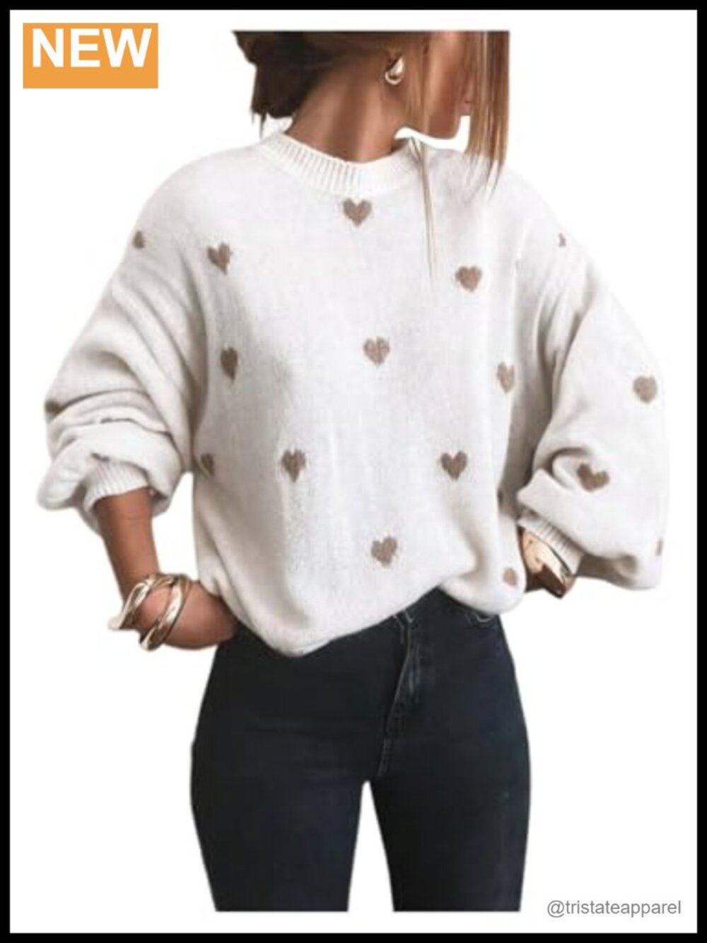 Women's Chunky Knit Heart Pullover Sweater Cute Long Sleeve Drop Shoulder